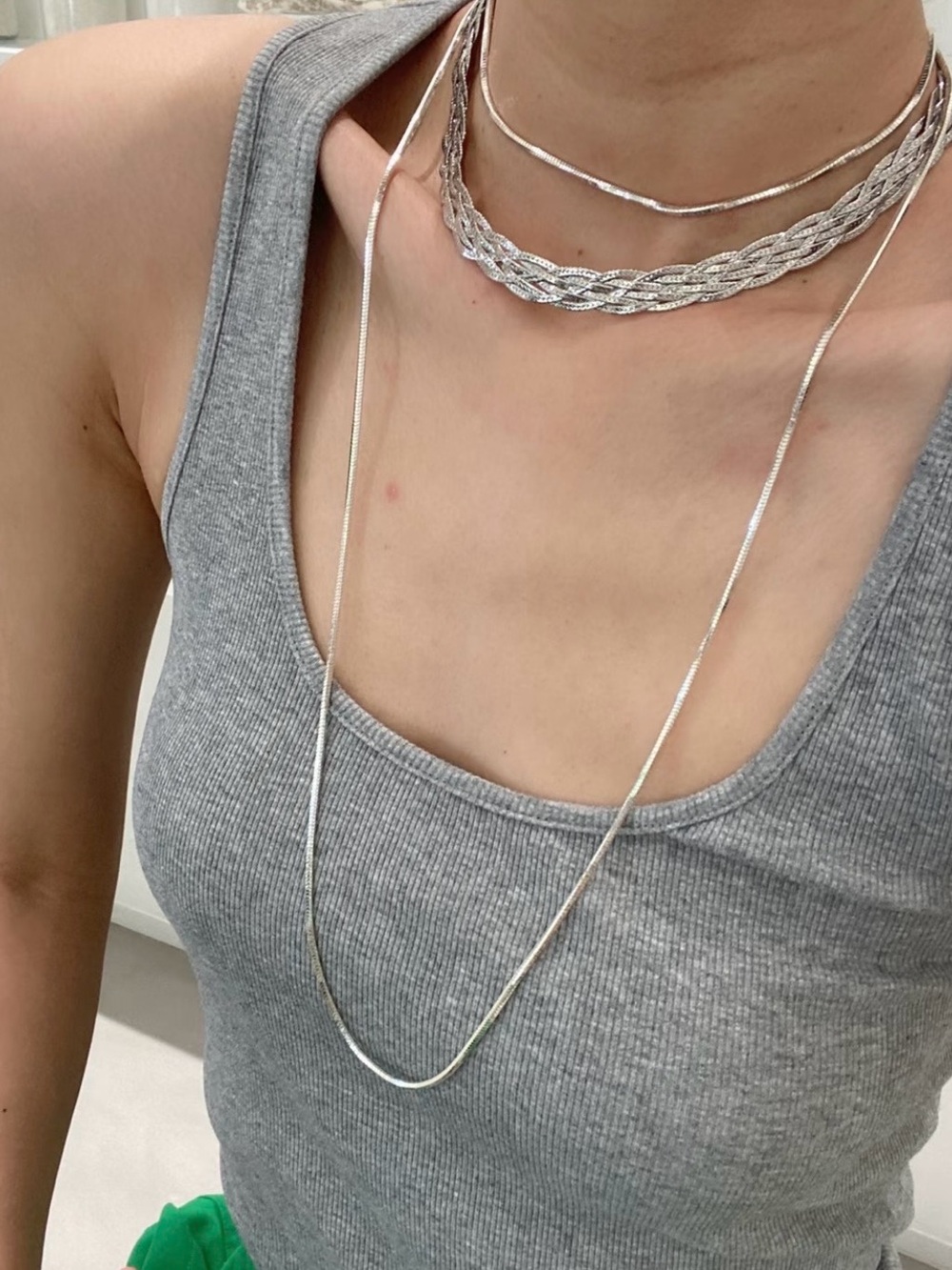 Aria Classics Minimalist Silver Herringbone Snake Chain Layered Long Necklace